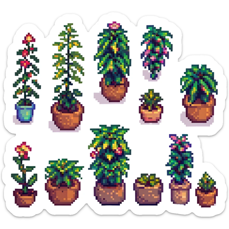 a row of four coquette pink pixel art plants, each plant with a cute and flirty expression sticker