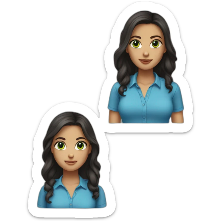 tall girl with dark long hair, green eyes, blue shirt sticker
