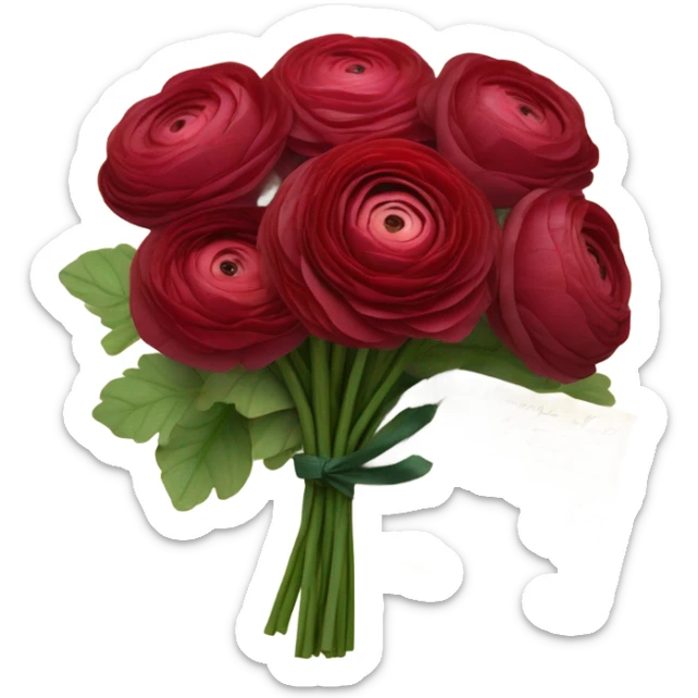 A bouquet of ruby-red ranunculus tied with a velvet ribbon and an old love letter sticker
