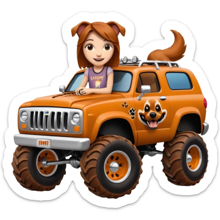 1 girl Monster Mutt - Monster Jam (Model Year: 2021) (Iconic colour: Brown with dog features) - A unique monster truck with playful, dog-inspired design cues. The vehicle is painted. sticker
