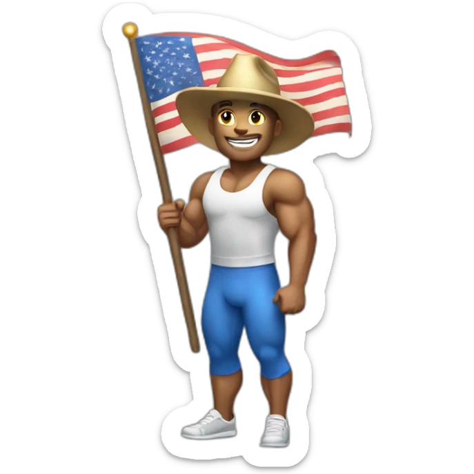 Create a full-body emoji of a muscular man, wearing a New Year's hat and holding a flag. sticker