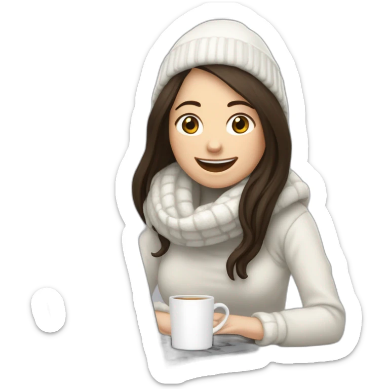 eyes closed laughing female with pale skin and dark brown straight long hair wearing white scarf and white woolly hat and black hoodie and holding a laptop and coffee mug not full body shot sticker