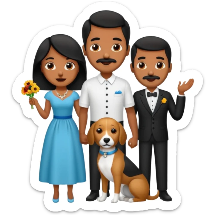 Pareja de novios, pelo negro ambos, y con dos perritos pincher en brazos, el hombre sin bigote y la mujer con pelo largo sticker
