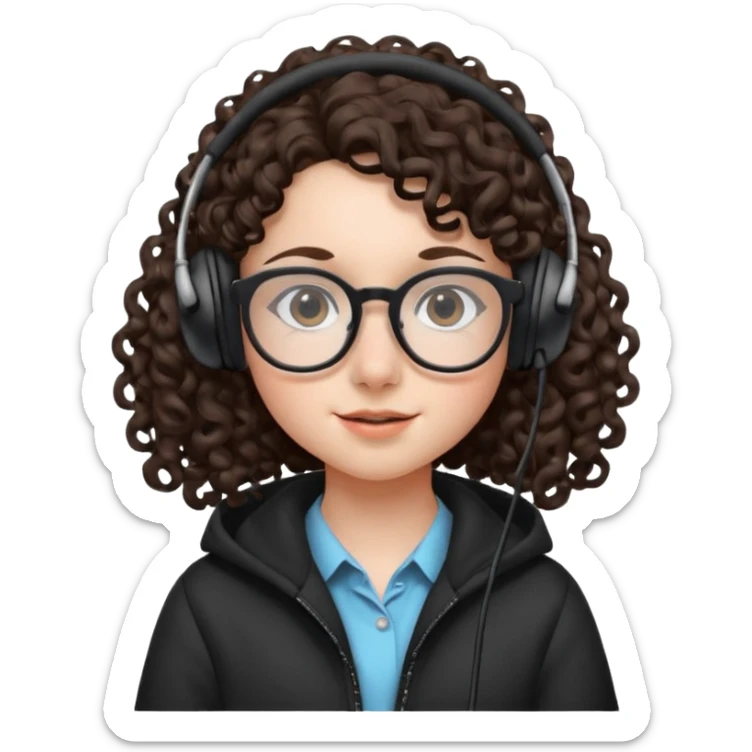 brunette kid with unique face features and very curly long hair kid girl neutral and big glasess and big nose and dark eyes with freckles kind of nerd looking and headphone wearing sticker