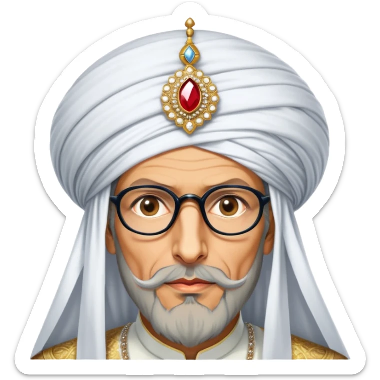 Jeff Goldblum no glasses as a regal portrait dressed as suleiman-the-magnificent,-depicted-as-a-regal-ottoman-sultan-adorned-with-a-large,-white,-round,-tall-turban-and-a-majestic-grey-beard,-his-commanding-gaze-bathed-in-warm,-historic-lighting-that-exudes-timel sticker