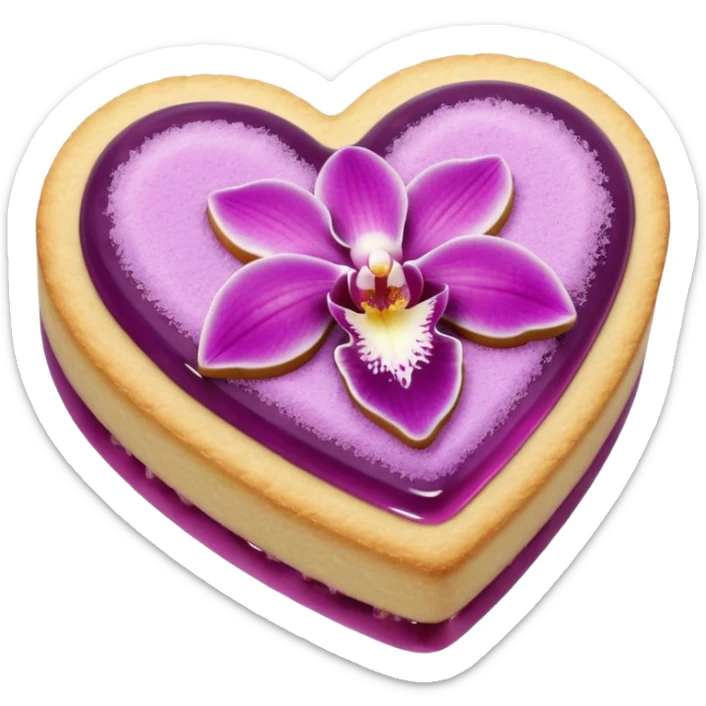 Realistic shortbread cookie in the shape of a heart with orchid color jelly middle filling and sprinkled powder sugar on top. sticker