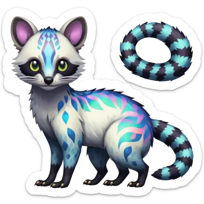 Rare iridescent white exotic epic aesthetic colorful Trico-Civet-species-Fakemon-hybrid-creature, with intricate tattoo markings, full body sticker