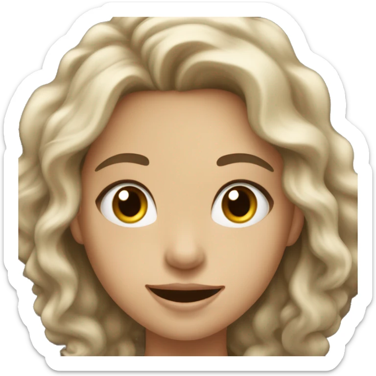 a girl with light skin, wavy chatain hair and grey eyes who is happy and look at here computer like a winner sticker