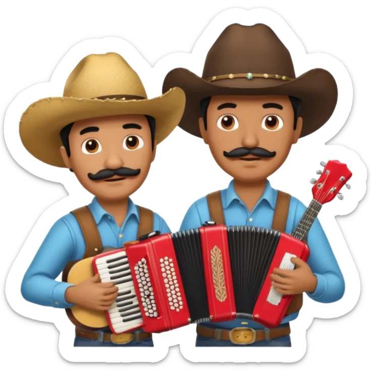 Man with black mustache wearing a cowboy hat playing the accordion, next to a man with a black mustache, wearing a cowboy hat, playing the guitar  sticker