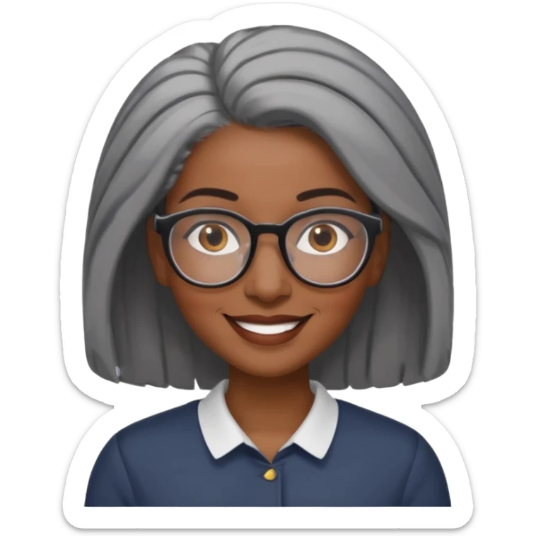 emoji of a black grandma women with longer past shoulder black and gray hair with glasses and brown eyebrows sticker