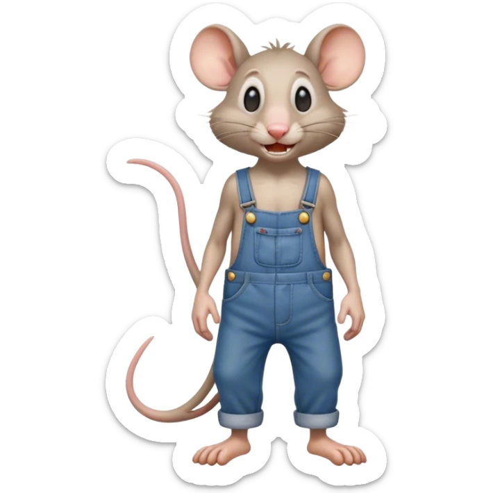 cartoonish skinny drunk hillbilly rat wearing overalls no shirt. standing and talking full body. human eyes. teeth showing sticker