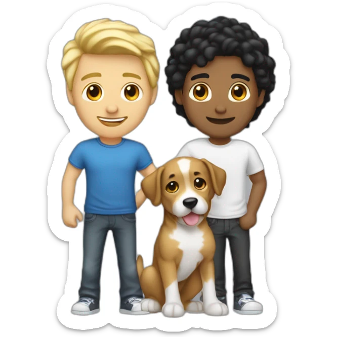 gay-couple,-1-guy-latino-black-straight-black-hair-and-1-australian-white-guy-with-blonde-slightly-curly-hair-holding-a-dog sticker
