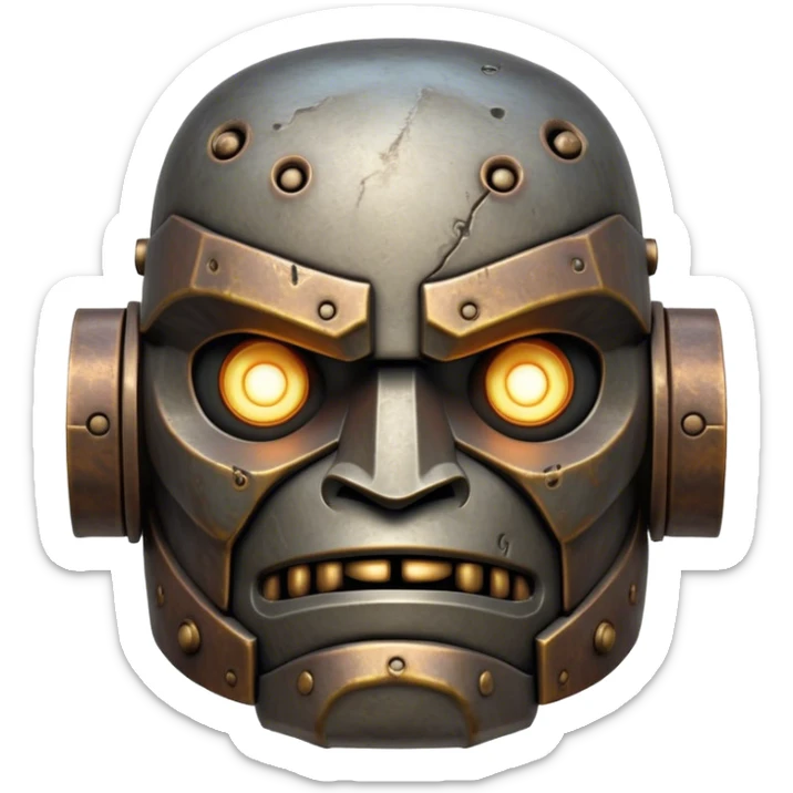 Cinematic Noble Mighty Iron Golem Portrait Emoji Poised and imposing, with a towering, metallic form forged from intricately detailed plates of burnished steel and ancient bronze, etched with faint traces of runes and weathered marks of time. Its piercing, glowing eyes radiate unwavering resolve, casting a solemn and commanding presence; rendered with lifelike texture and natural metallic highlights, high shine, elegant yet indomitable, styled with an aura of legendary endurance, focused and resolute, soft glowing outline, capturing the essence of an eternal guardian, standing vigilant and immovable as if ready to awaken at any moment with unstoppable might! sticker