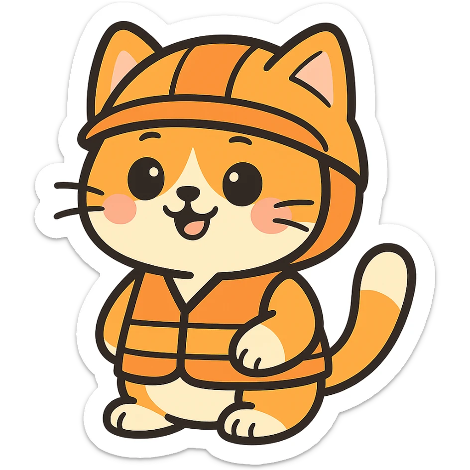 adorable anime cat in orange helmet and vest sticker