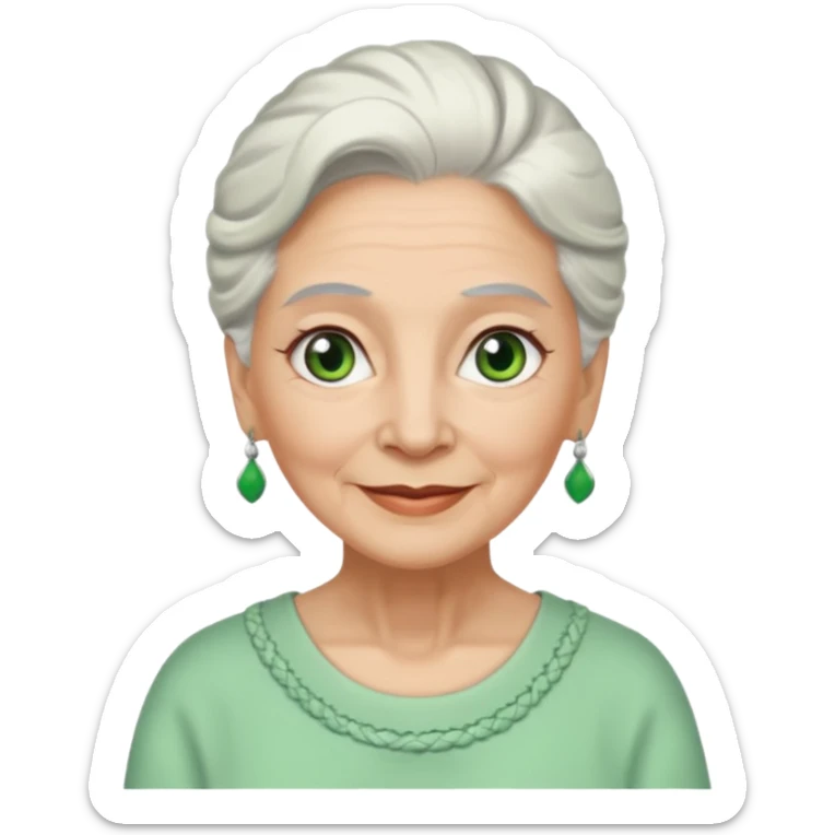 abuela con ojos verdes, pelo blanco, pelo blanco y amarrado, aspecto feliz sticker