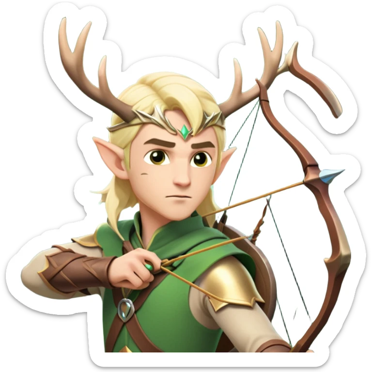 clash-of-clans-aesthetic-blond-male elf-archer-portrait-emoji, rendered in a flat, vector-style with minimal shading and bold holding his bow, simplified shapes, head tilted slightly forward with a determined, focused expression, riding a majestic stag whose antlers glow with mystical energy, set against an ancient, enchanted forest backdrop. sticker
