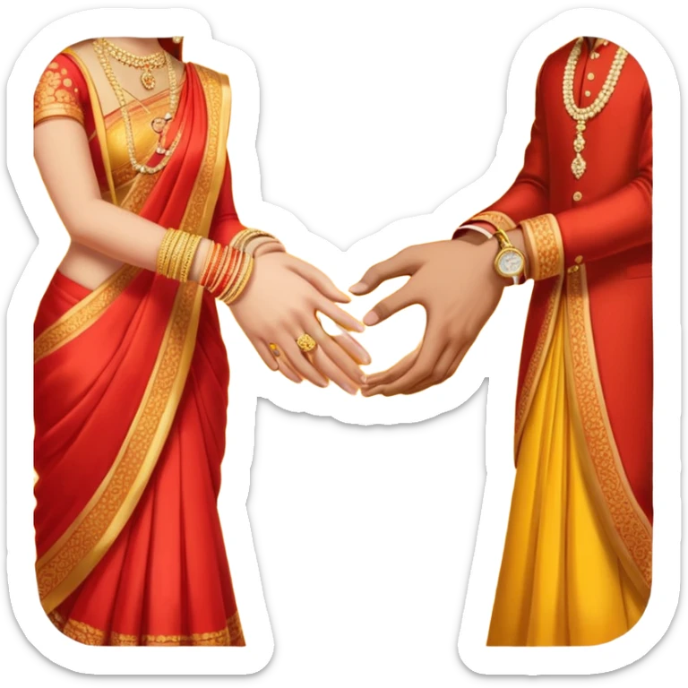 Two hands in a engagement..One hand of groom and one hand of bride. Bride hand - red/yellow saree. groom- light orange punjabi (oonly hands will be visible in the image). Groom's hand is holding a ring sticker