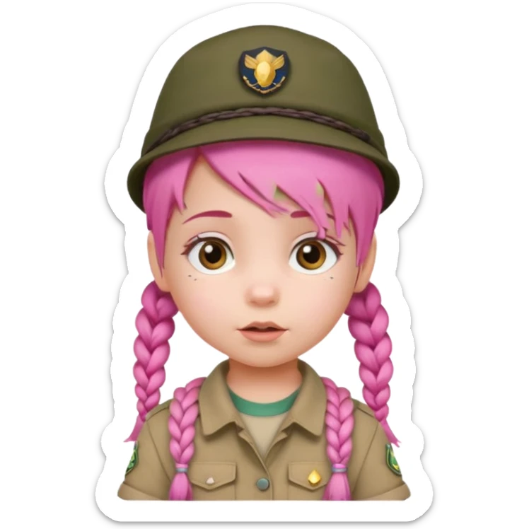 very small baby scout girl with pink hair and scout hat and braids sticker