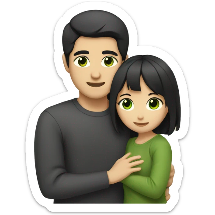 Asian man with black hair and green eyes hugging girl with a dark brown hair and eyes sticker
