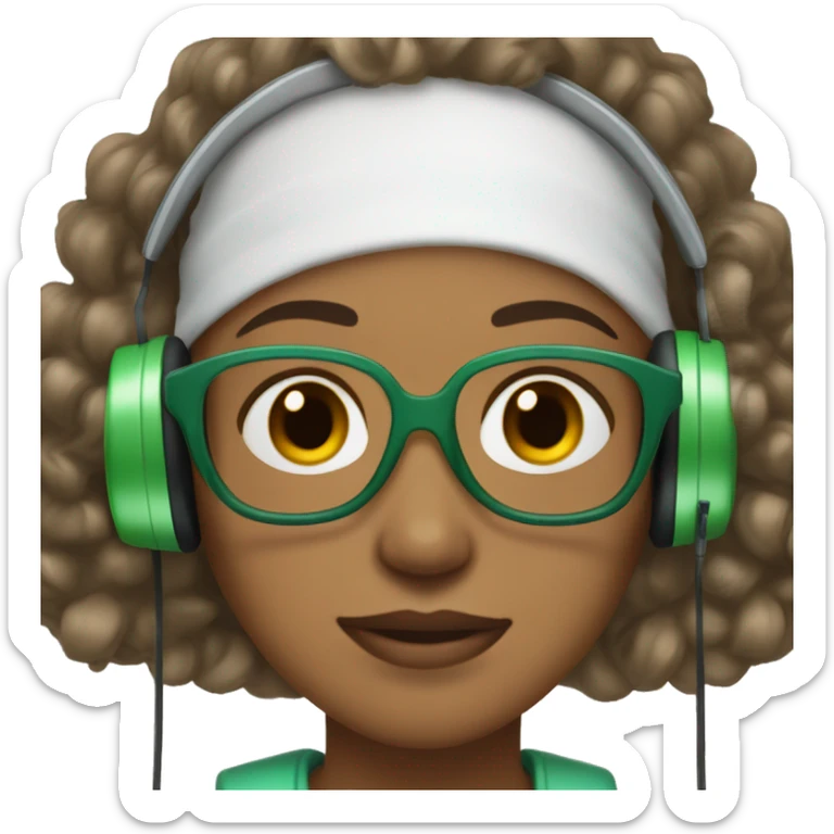 a woman with light brown skin, black eyes and black short curly hear, wearing white headphones and glasses with a green frame, small freckles sticker
