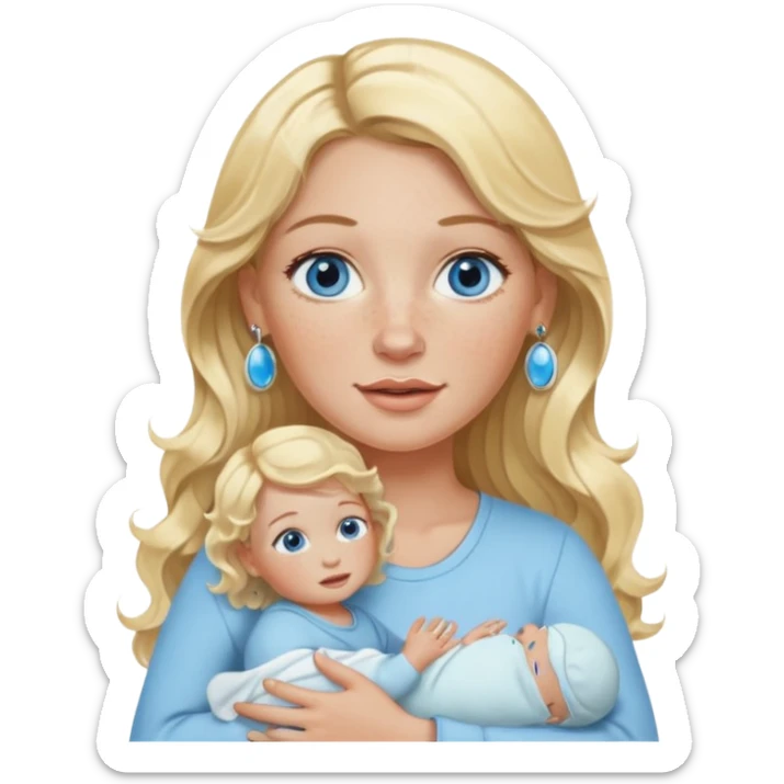 Wavy blonde, white woman with blue eyes, freckles hoop earrings, holding babies sticker