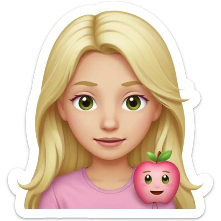 blonde with long hair and swamp-colored eyes, wearing a pastel pink shirt, winking, iOS Apple emoji style sticker