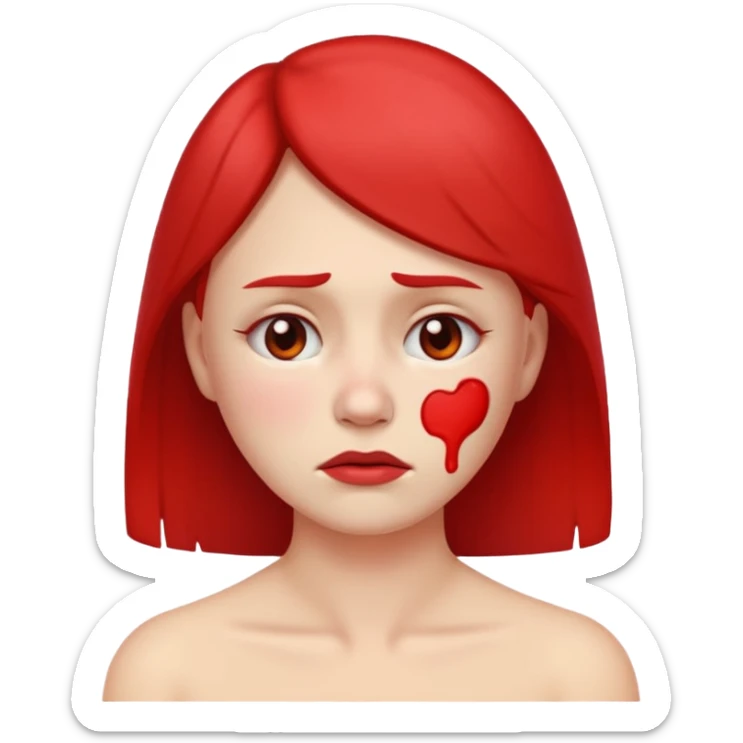 woman emoji with sad face, red patches on jawline and neck, showing discomfort from shaving burn sticker