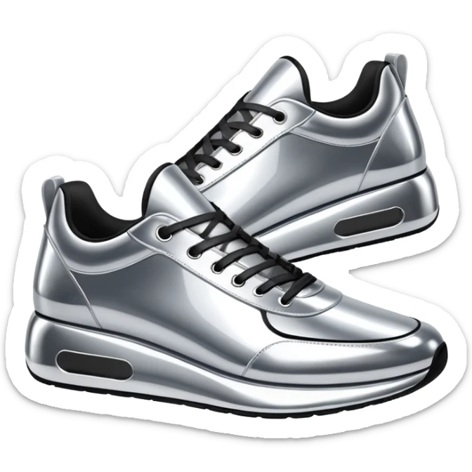 A pair of futuristic sneakers emoji made of silver chrome, sleek streetwear design, smooth metallic panels, subtle reflections, luxury swag aesthetic, iOS emoji style, centered, clean white background sticker