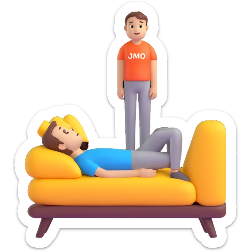 Slack emoji for JOMO (joy of missing out), showing a relaxed person enjoying solitude, with the acronym 'JOMO' clearly included, modern emoji style sticker