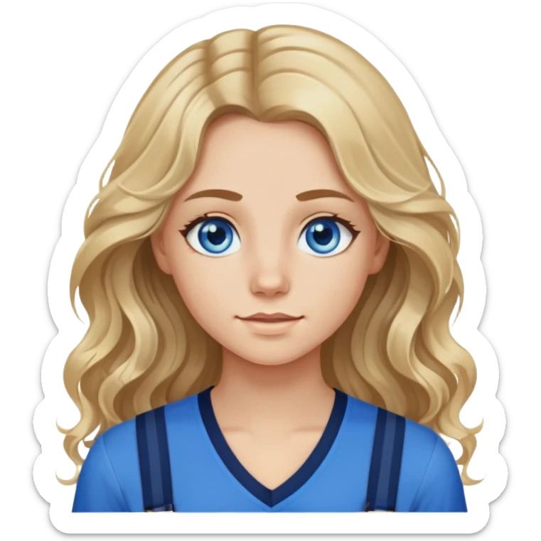 Realistic portrait of a girl with bright blue eyes long wavy dirty blond hair with blond highlights a navy blue v neck long sleeve shirt and blue braces sticker