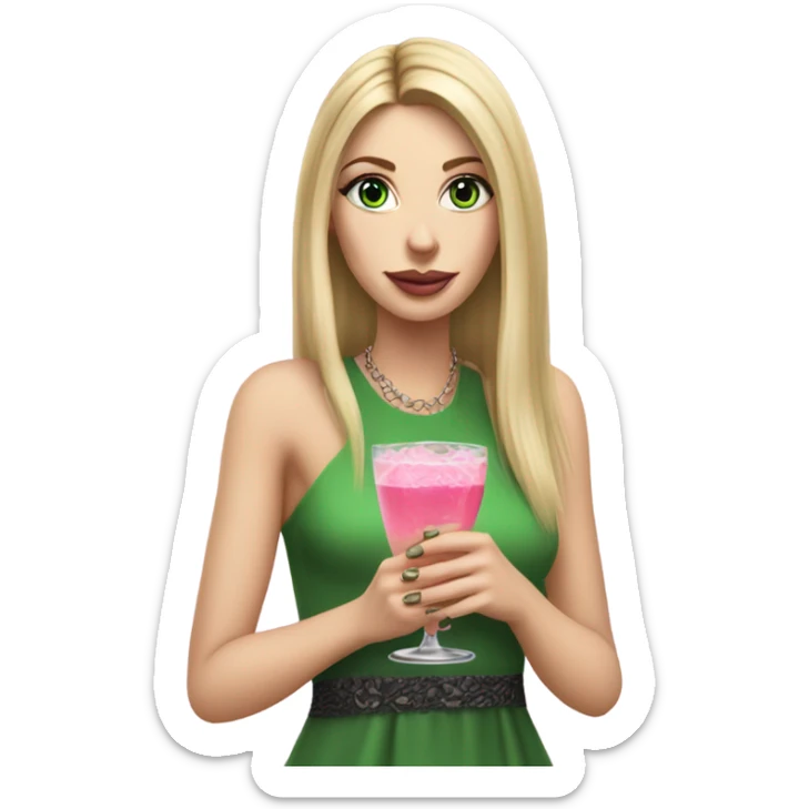 Realistic White girl with Long straight blonde hair, green eyes, tattoos, full body wearing dress and High heels, holding pink drink sticker