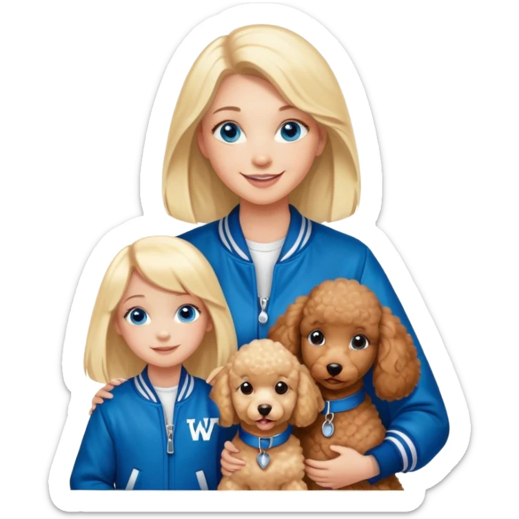 smiling mother in letterman jacket with W and Blue eyes, two Little girls Long blond straight hair and Blue eyes and one brown poodle puppie sticker