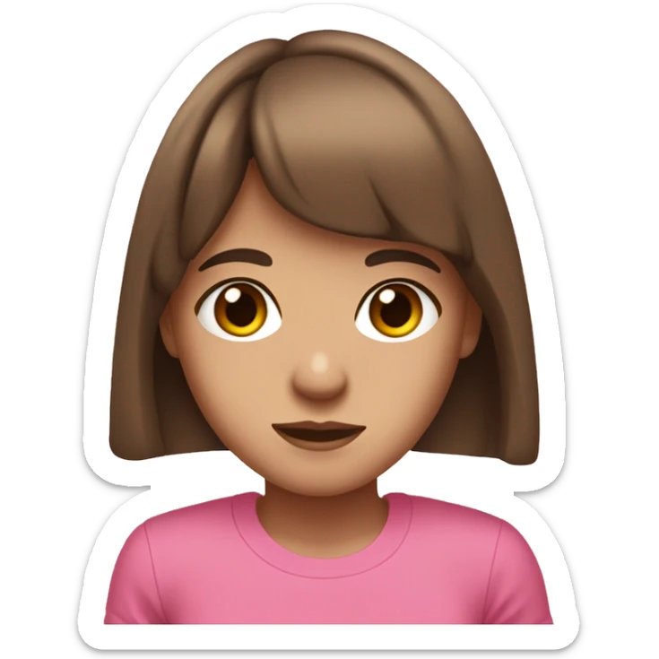 14-year-old girl with long brown hair and bangs brown and big eyes With tight pink t-shirt and a freckle on the right chek sticker