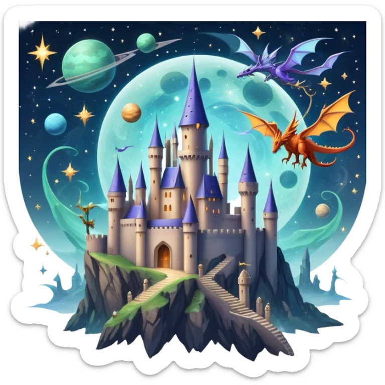 Icon for Fantasy and Sci-Fi Movies: A magical collage with flying dragons and futuristic spaceships. Stars and planets shimmer in the background with a mystical castle Hogvards and an ancient wizard holding a staff. The atmosphere is epic, otherworldly and adventurous. Transparent background. sticker