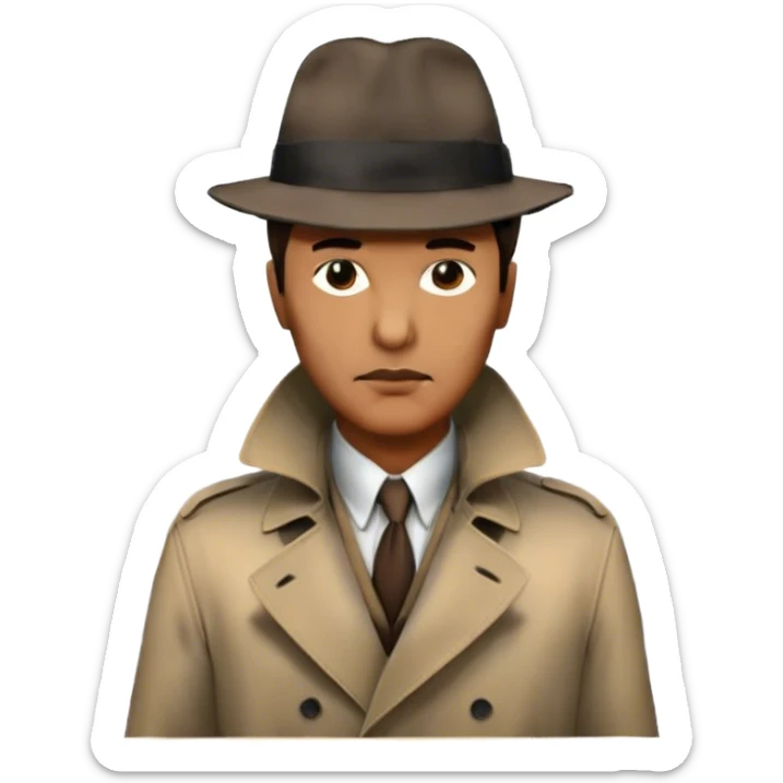 Icon for Detective Movie: A vintage movie poster-style design featuring a mysterious detective, shadowy alleys and a foggy cityscape. Include classic noir elements like a fedora, trench coat, and a dimly lit street. Bold typography and retro cinematic style. Transparent background. sticker
