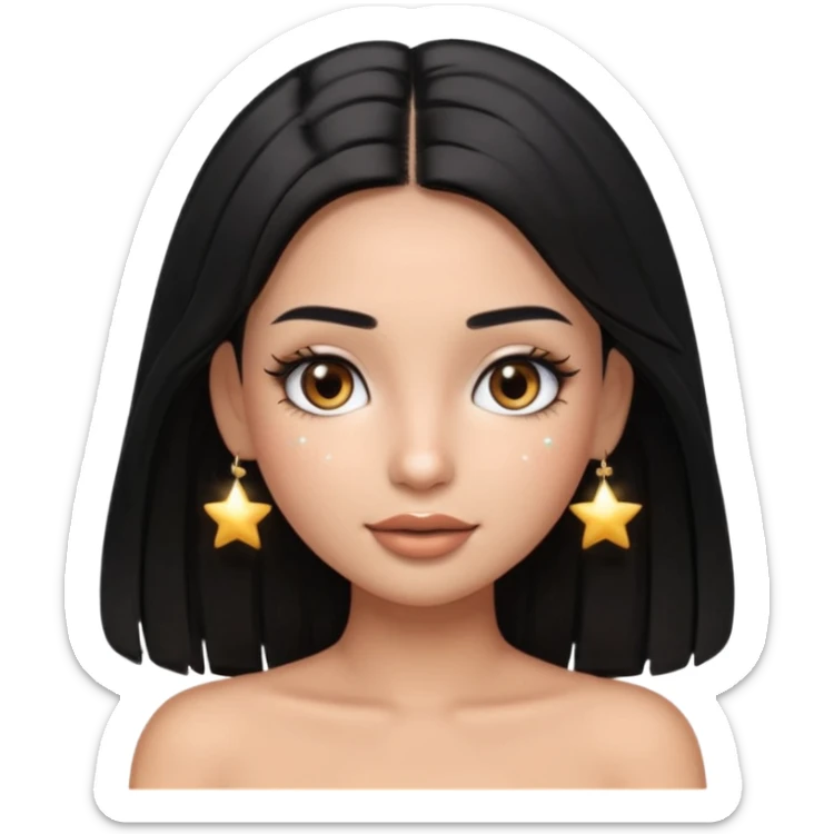 pretty cartoon girl, semi-realistic 3D emoji style, long middle parted straight black hair, tan skin, brown eyes, long eyelashes, soft glam makeup, glossy lips, smooth skin, cute aesthetic, sparkles in hair, white tube top sticker