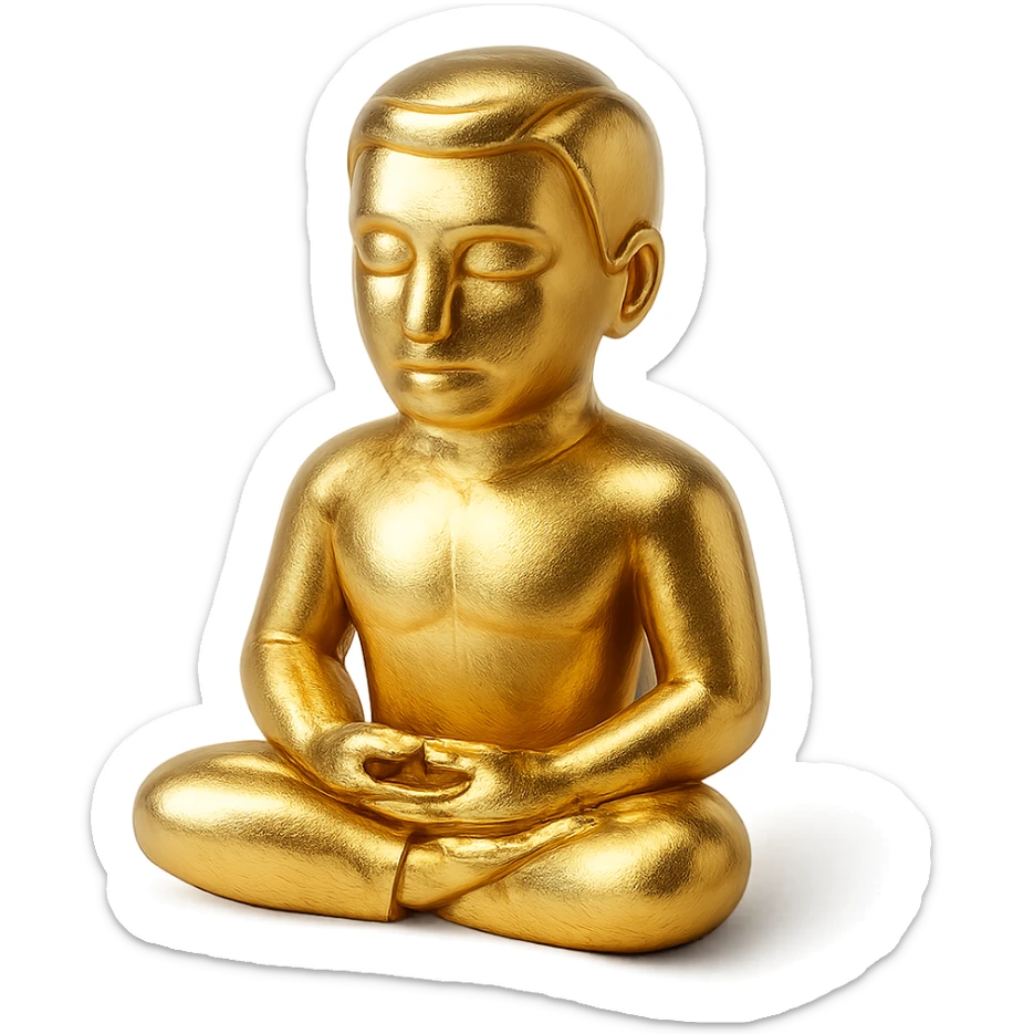 stylized gold figure of a man meditating in the lotus position, eyes closed, gold objects style sticker