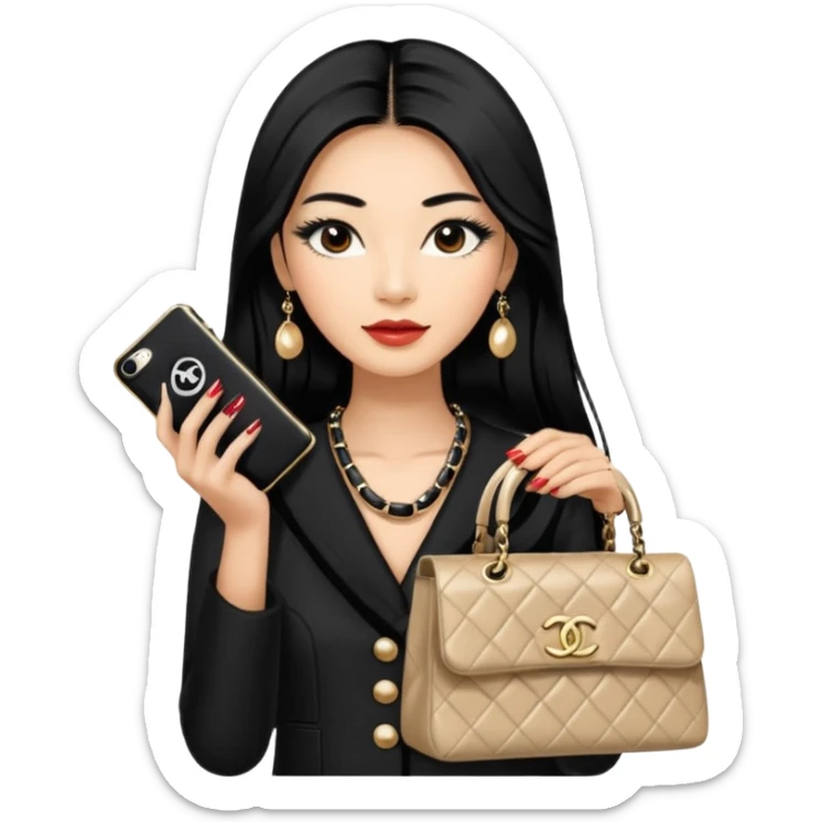 on est à Dubaï une chinoise avec des très très très beaux ongles et des très très très long  faux cils avec des sacs Chanel et un vêtement Chanel sticker