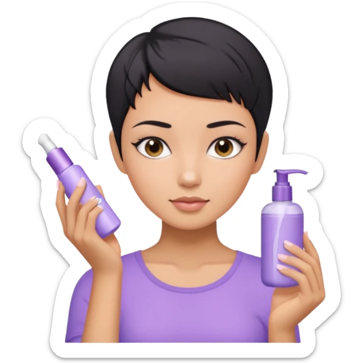 tan girl with pastel purple shirt with black hair & a pixie, doing her skin care sticker