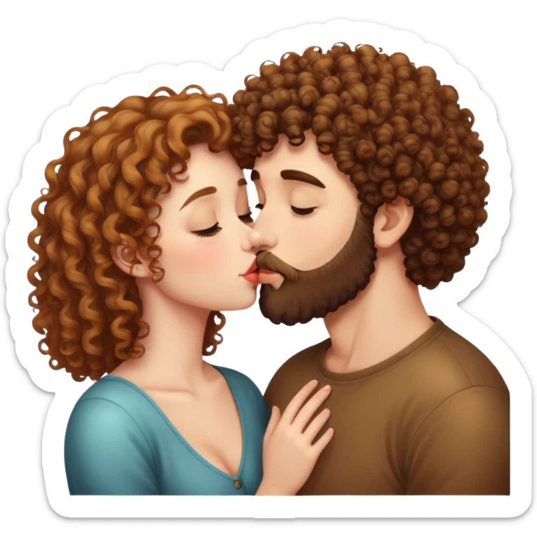 curly haired girl kissing a man with a beard, romantic couple kiss sticker