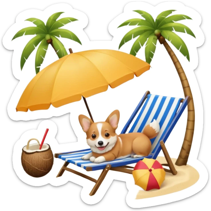 a corgi dog laied on a beach chair, a sunny beach, a sun umbrella, and beach coconut trees. the icon should capture the essence of a relaxing beach vacation with a carefree atmosphere sticker