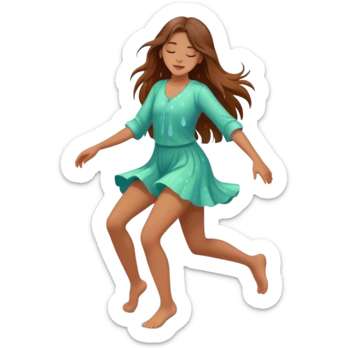 Girl with long brown hair dancing barefoot in the rain with closed eyes spring colors cartoon style elegant romantic love life raindrops in the background  sticker