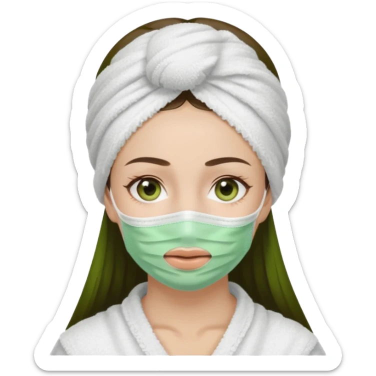 Girl with a white towel on head and green facemask, showing a little brunette hair above forehead sticker