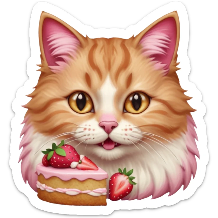 Close-up portrait of a fluffy cat eating a strawberry cake, pink cream on its nose and whiskers, detailed fur texture, soft natural light, shallow depth of field, high resolution, cute and candid moment
 sticker
