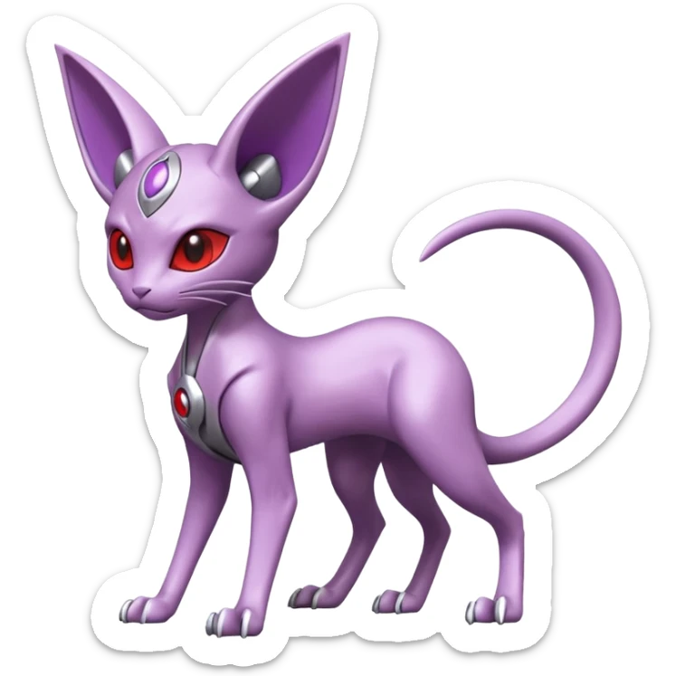 Mechanical Miraidon-Espeon-Mewtwo-Fakémon-hybrid-creature (full body)  with red eyes and intricate markings sticker