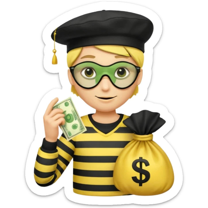 Create a high-quality emoji-style illustration of a cartoon thief character. The character should have a yellow face, wearing a black eye mask and a black beret. He is dressed in a black-and-white striped shirt. In one hand, he's holding a golden money bag with a green dollar sign on it.  sticker
