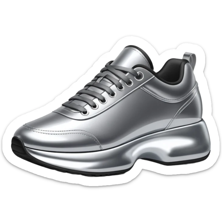 A pair of futuristic sneakers emoji made of silver chrome, sleek streetwear design, smooth metallic panels, subtle reflections, luxury swag aesthetic, iOS emoji style, centered, clean white background sticker