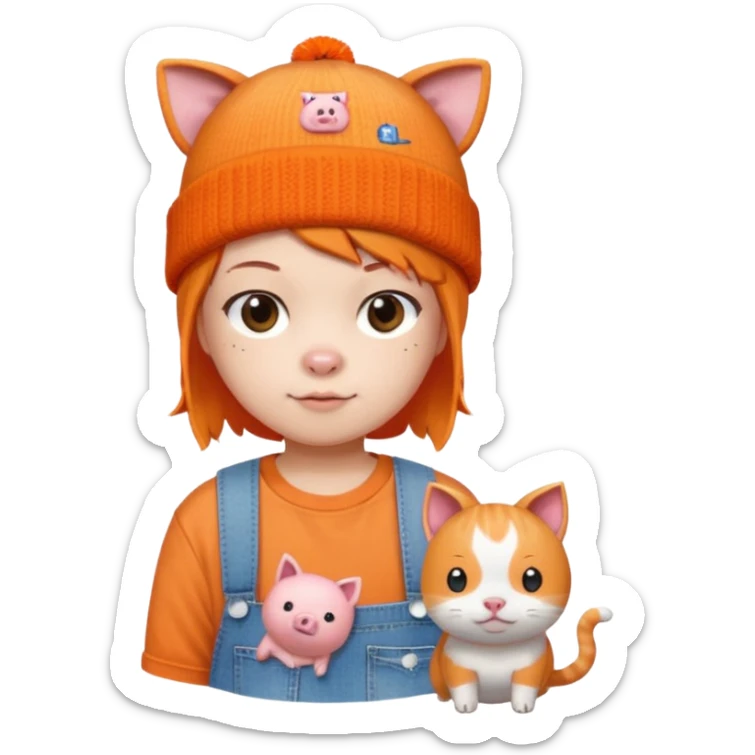 a colorful beanie, orange shirt with a cartoon pig and Japanese text, denim shorts, and accompanied by a small pixelated orange cat.  sticker