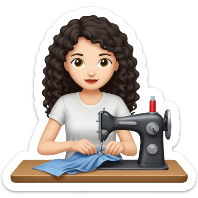 a woman with long curly dark hair sewing clothes wearing a white t shirt sticker