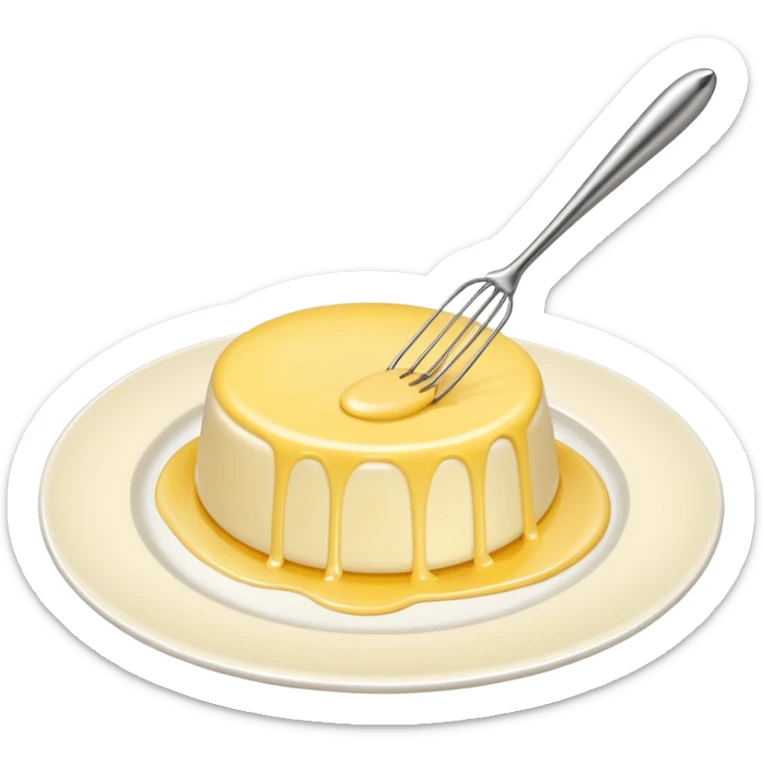 Generate a high-quality image of a dollop of yellow cream on a white plate with a metal whisk placed beside it, realistic color and shading, smooth gradient colors, no facial features, no brand markings, simple white background, high-resolution.
 sticker